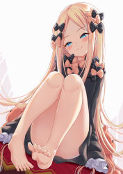 Rule 34 | 1girl, abigail williams (fate), barefoot, black bow, black dress, blonde hair, blue eyes, blush, bow, breasts, bug, butterfly, closed mouth, dress, fate/grand order, fate (series), feet, forehead, hair bow, head tilt, highres, insect, knees up, legs, long hair, long sleeves, looking at viewer, milkshakework, multiple hair bows, orange bow, parted bangs, polka dot, polka dot bow, ribbed dress, simple background, sitting, sleeves past fingers, sleeves past wrists, smile, solo, stuffed animal, stuffed toy, teddy bear, toes, very long hair, white background