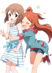 2girls absurdres ahoge ankle_boots bare_shoulders blue_bow blue_dress blue_shorts blush bob_cut boots bow breasts brown_eyes brown_hair buchi_(y0u0ri_) cowboy_shot dot_nose dress hagiwara_yukiho hand_up highres hood hood_down idolmaster idolmaster_(classic) idolmaster_million_live! idolmaster_million_live!_theater_days long_hair looking_at_another medium_breasts multiple_girls ogami_tamaki open_hands open_mouth red_footwear short_hair short_sleeves shorts sleeveless sleeveless_dress small_breasts smile standing standing_on_one_leg star_(symbol) starry_background striped_clothes striped_dress two-tone_hoodie waist_bow white_background