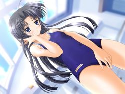 Rule 34 | 1girl, black hair, competition school swimsuit, covering crotch, covering privates, dutch angle, game cg, long hair, name tag, one-piece swimsuit, school swimsuit, solo, sukumizu ~fecchi ni narumon!~, swimsuit