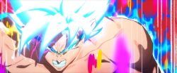 1boy aura blue_eyes blue_hair blurry blurry_foreground clenched_teeth dragon_ball dragon_ball_super glowing glowing_hair highres male_focus medium_hair muscular muscular_male nachairo powering_up solo son_goku spiked_hair super_saiyan super_saiyan_blue teeth topless_male upper_body