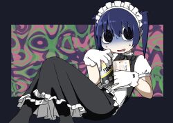 Rule 34 | 1girl, @ @, abstract background, black border, black bow, black bowtie, black dress, black eyes, black socks, blazer, blue hair, border, bow, bowtie, can, center frills, commentary, cropped jacket, dress, drooling, ear piercing, explosion psycho, feet out of frame, food, frilled dress, frilled gloves, frills, gloves, highres, holding, holding can, holding food, jacket, knees up, layered dress, maid, maid headdress, mouth drool, nervous smile, open mouth, original, outside border, piercing, puffy short sleeves, puffy sleeves, reclining, short hair, short sleeves, sideways glance, smile, snack, socks, solo, strong zero, sweat, turn pale, twintails, white dress, white gloves, white sleeves
