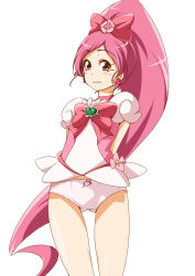 Rule 34 | 10s, 1girl, arms behind back, bottomless, bow, brooch, brown eyes, choker, cure blossom, earrings, hair bow, hanasaki tsubomi, heart, heart brooch, heartcatch precure!, jewelry, long hair, magical girl, panties, pink hair, ponytail, precure, ribbon, smile, solo, underwear, underwear only, white background, white panties, yonekura hisaki