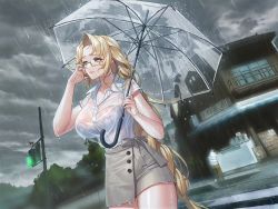 Rule 34 | 1girl, abdooly, action taimanin, blonde hair, bra, braid, breasts, casual, cloud, cloudy sky, emily simmons, game cg, glasses, holding, holding umbrella, large breasts, lilith-soft, long hair, looking to the side, open mouth, rain, road, shiny skin, single braid, skirt, sky, smile, solo, street, taimanin (series), umbrella, underwear, upper body, very long hair, water, wet, wet clothes