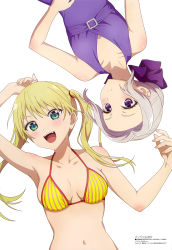 Rule 34 | 2girls, :d, absurdres, aqua inc., bikini, blonde hair, breasts, cleavage, collarbone, copyright name, dress, green eyes, grey hair, halterneck, highres, hoshizaki rika (kanojo mo kanojo), kanojo mo kanojo, kiryuu shino, looking at viewer, magazine scan, medium breasts, multiple girls, official art, open mouth, purple dress, purple hair, rotational symmetry, scan, simple background, small breasts, smile, swimsuit, upper body, white background