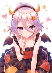 Rule 34 | 1girl, :q, antenna hair, bare shoulders, black hairband, black wings, blush, circle skirt, closed mouth, collarbone, commentary request, demon girl, demon horns, demon wings, dress, fake horns, frilled dress, frills, hair between eyes, hair ornament, hairband, halloween, heart, heart in eye, highres, horns, jack-o&#039;-lantern, jack-o&#039;-lantern hair ornament, kokkoro (princess connect!), looking at viewer, pointy ears, princess connect!, purple eyes, silver hair, simple background, sleeveless, sleeveless dress, smile, solo, star (symbol), symbol in eye, tomo (tmtm mf mf), tongue, tongue out, white background, wings, wrist cuffs