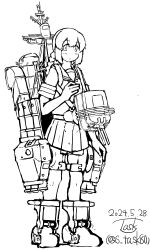 Rule 34 | 1girl, adapted turret, artist name, braid, cannon, dated, full body, isonami (kancolle), kantai collection, lineart, looking at viewer, low twintails, machinery, monochrome, one-hour drawing challenge, pleated skirt, sailor collar, sailor shirt, school uniform, serafuku, shirt, skirt, smokestack, solo, standing, task (s task80), turret, twin braids, twintails, twitter username