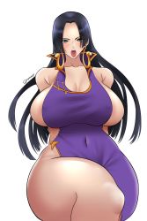 Rule 34 | 1girl, absurdres, aqua eyes, artist name, black hair, blush, boa hancock, breasts, cleavage, collarbone, curvy, earrings, highres, huge breasts, jewelry, long hair, nyabeyo, one piece, open mouth, solo, thick thighs, thighs, tongue, tongue out, white background, wide hips