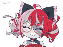 Rule 34 | 1girl, ahoge, bare shoulders, blush stickers, bow, chibi, double bun, closed eyes, glasses, grey hair, grin, hair bow, hair bun, hololive, hololive indonesia, kukie-nyan, kureiji ollie, multicolored hair, patchwork skin, pink hair, red eyes, round eyewear, smile, solo, stitched face, stitched torso, stitches, torn clothes, twitter username, virtual youtuber, zombie