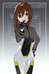 Rule 34 | 1girl, black gloves, bodysuit, braid, brown hair, candy, candy bar, commentary request, covered navel, cropped jacket, eating, food, gloves, gluteal fold, gradient background, grey background, grey jacket, hair between eyes, highres, holding, holding food, jacket, kazune rain, long hair, long sleeves, looking at viewer, original, red eyes, single braid, solo, text background, thigh gap, white background, white bodysuit