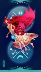 Rule 34 | 2girls, barefoot, child of light (game), crown, dual persona, elbow gloves, gloves, highres, igniculus, long hair, multiple girls, aged up, princess aurora, red hair, tholia, very long hair