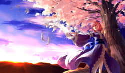 Rule 34 | 1girl, bird, blue dress, blue skin, cherry blossoms, cloud, colored skin, dress, ibuki notsu, long sleeves, no headwear, no headwear, outstretched arm, outstretched hand, petals, pigeon, pink eyes, pink hair, saigyouji yuyuko, sash, solo, sunset, touhou, tree, wide sleeves, wind