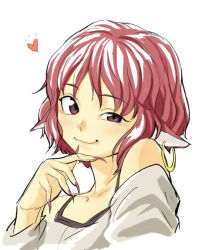 Rule 34 | 1girl, :3, animal ears, blush, brown eyes, earrings, face, female focus, fingernails, heart, jewelry, long fingernails, mystia lorelei, off shoulder, pink hair, shiba itsuki, short hair, simple background, sketch, smile, solo, squinting, touhou, uneven eyes, white background
