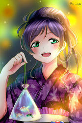 Rule 34 | 10s, 1girl, bad id, bad pixiv id, bag, bagged fish, blush, eyebrows, fish, green eyes, highres, japanese clothes, kimono, looking at viewer, love live!, love live! school idol festival, love live! school idol project, open mouth, purple hair, red kimono, rinnnnnnnnnko30, solo, tojo nozomi, yukata