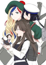 Rule 34 | 5girls, :d, anchor hair ornament, arashio (kancolle), beret, blonde hair, blue eyes, blue hair, brown hair, carrying, commandant teste (kancolle), commentary request, daitou (kancolle), fairy (kancolle), hair ornament, hat, kantai collection, long hair, long sleeves, looking at another, looking at viewer, looking away, morinaga miki, multicolored hair, multiple girls, necktie, open mouth, piggyback, pom pom (clothes), ponytail, profile, red hair, remodel (kantai collection), rigging, sailor collar, school uniform, serafuku, shoes, simple background, skilled lookouts (kancolle), sleeping, smile, streaked hair, uwabaki, white background, white hair