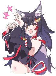 Rule 34 | 1girl, :d, animal ear fluff, animal ears, black hair, black sleeves, commentary request, detached sleeves, fang, fingernails, hair ornament, hololive, ixy, looking at viewer, midriff, navel, ookami mio, ookami mio (1st costume), open mouth, simple background, skin fang, smile, solo, upper body, virtual youtuber, white background, wolf ears, wolf girl, yellow eyes