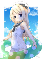 Rule 34 | 1girl, absurdres, alternate color school swimsuit, alternate costume, black neckwear, blonde hair, blue eyes, blue sailor collar, blue sky, cloud, cloudy sky, covered navel, cowboy shot, dated, day, fyuo, hat, highres, innertube, jervis (kancolle), kantai collection, looking at viewer, one-hour drawing challenge, one-piece swimsuit, outdoors, sailor collar, sailor hat, school swimsuit, sky, solo, swim ring, swimsuit, twitter username, white one-piece swimsuit