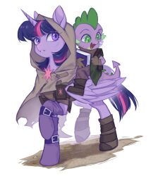 Rule 34 | 1boy, 1girl, 7hundredt, colored skin, green eyes, highres, hood, horns, horseback riding, multicolored hair, my little pony, my little pony: friendship is magic, open mouth, pink hair, purple eyes, purple hair, purple skin, riding, simple background, single horn, spike (my little pony), twilight sparkle, two-tone hair, unicorn, white background