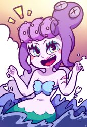 Rule 34 | 1girl, bare arms, blue eyes, blush stickers, cala maria (cuphead), cloud, colored skin, cuphead (game), eyelashes, giant, giantess, highres, lipstick, looking at viewer, makeup, mascara, mermaid, monster girl, navel, ocean, octopus, open mouth, partially submerged, shell, shell bikini, sky, solo, stomach, teeth, tentacle hair, water, white skin, x x, yatsunote