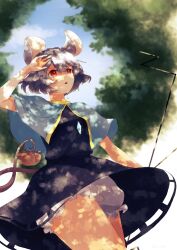 Rule 34 | 1girl, animal ears, bloomers, blue sky, grey hair, highres, looking up, medium hair, mouse ears, mouse girl, mouse tail, nazrin, red eyes, shadow, shee take, skirt, sky, solo, sunlight, tail, touhou, tree, underwear, upskirt, white background