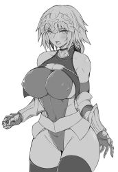 Rule 34 | armor, bare shoulders, braid, braided ponytail, breasts, cameltoe, chest strap, covered erect nipples, covered navel, elbow gloves, fate/grand order, fate (series), faulds, gauntlets, gloves, greyscale, headpiece, highleg, highleg leotard, highres, jeanne d&#039;arc (fate), jeanne d&#039;arc (ruler) (fate), large breasts, leotard, long hair, monochrome, solo, thick thighs, thighhighs, thighs, winterbigfoot