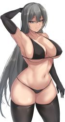 Rule 34 | 1girl, arm up, armpits, bikini, black bikini, black gloves, black thighhighs, blue eyes, breasts, cleavage, closed mouth, collarbone, commentary request, cowboy shot, curvy, elbow gloves, gloves, grey hair, highres, large breasts, long hair, looking at viewer, navel, original, smile, solo, standing, swimsuit, thick thighs, thighhighs, thighs, tyamurai33, underboob, very long hair, wide hips