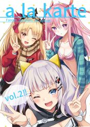 Rule 34 | 3girls, ;d, alternate hairstyle, animal ears, bare legs, bare shoulders, bikini, black skirt, blonde hair, blue eyes, blue jacket, breasts, brown scarf, cat ears, cleavage, collarbone, commentary request, cover, crossover, double v, ereshkigal (fate), fake animal ears, fate/grand order, fate (series), feet out of frame, hair between eyes, hair ornament, hair ribbon, hairclip, halterneck, hand up, hands up, hata no kokoro, highres, igayan, jacket, kaguya luna, large breasts, long hair, long sleeves, looking at viewer, medium breasts, miniskirt, multiple girls, one eye closed, open clothes, open jacket, open mouth, parted lips, pink bikini, pink eyes, pink hair, pink ribbon, plaid, plaid bikini, plaid jacket, plaid scarf, plaid skirt, pleated skirt, polka dot, polka dot background, red eyes, red jacket, red ribbon, ribbon, scarf, short hair, silver hair, skirt, smile, standing, stomach, swimsuit, the moon studio, tiara, touhou, two side up, upper body, v, virtual youtuber, white background, white ribbon, wrist ribbon
