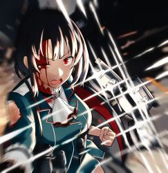 Rule 34 | 1girl, ascot, battle, blood, blood on face, blurry, blurry background, clenched hand, furaggu (frag 0416), glaring, highres, injury, kantai collection, looking at viewer, machinery, open mouth, punching, red eyes, solo, takao (kancolle), torn clothes, upper body, white ascot