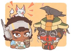 Rule 34 | 1girl, 1other, :o, ^ ^, ambiguous gender, animal, animal on head, animification, apex legends, bat (animal), bird, bird on head, bloodhound (apex legends), brown eyes, brown hair, cable, chibi, closed eyes, crossed arms, crow, dark-skinned female, dark skin, echo (apex legends), fangs, goggles, headset, helmet, highres, on head, open mouth, otezo, rebreather, smile, vantage (apex legends)
