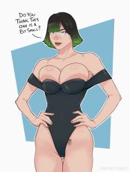 Rule 34 | 1girl, absurdres, areola slip, armpit peek, bare shoulders, black one-piece swimsuit, blue eyes, bordoggo, breasts, cameltoe, english text, green hair, highres, large breasts, looking at viewer, monster energy, one-piece swimsuit, original, self-upload, shiny skin, short hair, simple background, solo, strapless, swimsuit, tattoo, tattoo on hips