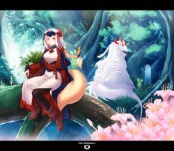 Rule 34 | animal, blonde hair, boots, braid, copyright name, flower, forest, hazuki gean, horns, letterboxed, nature, pantyhose, pixiv fantasia, pixiv fantasia 5, pointy ears, ponytail, red eyes, sitting, tail