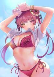 Rule 34 | 1girl, bikini, blush, breasts, cleavage, clothes in mouth, flower, hair flower, hair ornament, hair ribbon, heterochromia, hololive, houshou marine, imazakey, long hair, looking at viewer, medium breasts, mouth hold, navel, red bikini, red eyes, red hair, ribbon, shirt, shirt in mouth, solo, swimsuit, twintails, virtual youtuber, yellow eyes