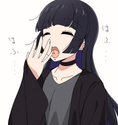 Rule 34 | 1girl, absurdres, black cardigan, black choker, black hair, bocchi the rock!, cardigan, chin piercing, choker, closed eyes, collarbone, colored inner hair, covering own mouth, ear piercing, goumonsha, hand over own mouth, highres, hime cut, long hair, multicolored hair, open cardigan, open clothes, pa-san, piercing, purple hair, solo, tearing up, tongue piercing, two-tone hair, yawning