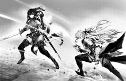 Rule 34 | 2girls, absurdres, armor, boots, female focus, fighting, fighting stance, gauntlets, greyscale, highres, jun (navigavi), monochrome, multiple girls, original, ponytail, scabbard, sheath, sword, thigh boots, thighhighs, weapon