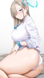 Rule 34 | 1girl, absurdres, arind yudha, ass, asuna (blue archive), blue archive, blue eyes, blue ribbon, blush, breasts, collared shirt, dress shirt, grin, hair over one eye, hair ribbon, halo, highres, large breasts, light brown hair, long hair, looking at viewer, panties, ribbon, scrunchie, shirt, sleeves rolled up, smile, solo, thighs, underwear, very long hair, white panties, white shirt, wrist scrunchie