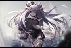 Rule 34 | 10s, 1girl, alternate eye color, amatsukaze (kancolle), choker, clenched hand, cowboy shot, dress, explosion, fami (yellow skies), garter straps, gloves, hair tubes, headgear, kantai collection, letterboxed, light smile, long sleeves, looking to the side, purple eyes, rain, red thighhighs, rensouhou-kun, sailor dress, see-through, single glove, solo, striped clothes, striped thighhighs, thighhighs, torpedo, translation request, two side up, white gloves, white hair