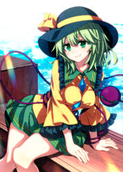 Rule 34 | 1girl, black hat, bow, breasts, buttons, diamond button, frilled shirt collar, frilled sleeves, frills, green eyes, green hair, green skirt, hair between eyes, hat, hat bow, highres, komeiji koishi, large breasts, leaning to the side, long sleeves, looking at viewer, medium hair, sazanami mio, shirt, sitting, skirt, smile, solo, third eye, touhou, wide sleeves, yellow bow, yellow shirt