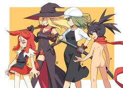 Rule 34 | 4girls, apron, ass, bare arms, bare shoulders, black apron, black dress, black gloves, black hair, black headwear, black thighhighs, blonde hair, blue eyes, braid, breasts, broom, brown gloves, cabbie hat, cafe (muu), cleavage, closed mouth, collarbone, drawing sword, dress, elbow gloves, feet out of frame, floating hair, gloves, green hair, hair between eyes, hand on own hip, hat, holding, holding broom, holding sheath, holding sword, holding weapon, jacket, katana, long hair, long sleeves, looking away, looking to the side, medium breasts, multiple girls, muu (mumumer), naked scarf, neas (muu), nell (muu), open clothes, open jacket, orange background, orange eyes, original, panties, parted bangs, puffy short sleeves, puffy sleeves, red dress, red eyes, red hair, red panties, red scarf, scarf, sheath, shirt, short eyebrows, short sleeves, single braid, sleeveless, sleeveless dress, small breasts, smile, standing, sword, thick eyebrows, thighhighs, twintails, two-tone background, underwear, unsheathing, weapon, white background, white headwear, white jacket, white shirt, witch hat, yunomiya agari