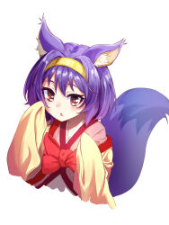 Rule 34 | 1girl, absurdres, animal ear fluff, animal ears, blush, commentary request, cropped torso, dot nose, fox ears, fox tail, hair intakes, hairband, hands up, hatsuse izuna, highres, m.tokotsu, no game no life, open mouth, purple hair, red eyes, robe, simple background, sleeves past fingers, sleeves past wrists, solo, tail, triangle mouth, upper body, white background, white robe