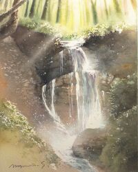 Rule 34 | cliff, day, forest, grass, highres, moss, nature, no humans, original, painting (medium), scenery, shimizu megumi (m acquerello), sunlight, traditional media, tree, water, watercolor (medium), waterfall