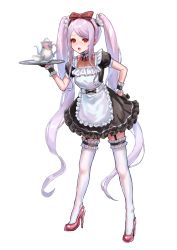 Rule 34 | 1girl, :o, alternate costume, apron, black dress, black gloves, bow, dress, enmaided, frilled apron, frills, garter straps, gloves, hair bow, hand on own hip, highres, holding, holding tray, leaning forward, long hair, maid, maid apron, overlord (maruyama), pink footwear, puffy short sleeves, puffy sleeves, red bow, red eyes, shalltear bloodfallen, short sleeves, solo, teeth, thighhighs, tray, tsugu0302, twintails, upper teeth only, very long hair, white apron, white thighhighs