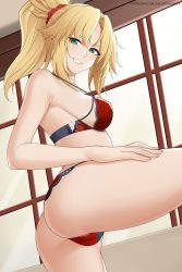 Rule 34 | 1girl, aslindsamure, ass, blonde hair, bra, fate/apocrypha, fate (series), green eyes, grin, highres, long hair, mordred (fate), smile, solo, underwear