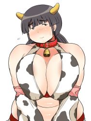Rule 34 | 1girl, absurdres, animal print, bare shoulders, bell, black eyes, black hair, breasts, breasts squeezed together, collar, cow girl, cow print, detached sleeves, embarrassed, fat, female focus, freckles, highres, horns, huge breasts, long hair, original, shimejix, simple background, solo, standing, white background