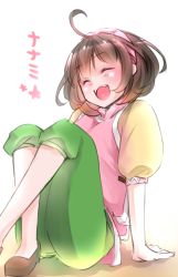 Rule 34 | 1girl, ahoge, arm support, blush, bob cut, breasts, brown footwear, brown hair, capri pants, character name, chococo77, closed eyes, commentary, facing viewer, gensou suikoden, gensou suikoden ii, green pants, hairband, happy, knees up, nanami (suikoden), open mouth, pants, puffy short sleeves, puffy sleeves, short hair, short sleeves, simple background, sitting, sketch, smile, solo, translated, white background