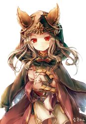 Rule 34 | 1girl, animal, animal ears, bad id, bad twitter id, belt, cape, cloak, closed mouth, commentary request, dress, ears through headwear, erune, granblue fantasy, highres, hood, hooded cloak, looking at viewer, medium hair, headpat, red eyes, scathacha (granblue fantasy), signature, simple background, smile, solo, sorairo len, white background, white hair