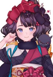 Rule 34 | 1girl, closed mouth, commentary, dated, english commentary, fate/grand order, fate (series), fur collar, hair ornament, hand up, heart, heart in eye, japanese clothes, katsushika hokusai (fate), kimono, looking at viewer, obi, octopus, purple eyes, purple hair, purple kimono, sash, short hair, signature, simple background, smile, solo, symbol in eye, temachii, tokitarou (fate), white background
