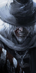 Rule 34 | 1boy, ajaco a, beard, black hat, blindfold, blood, bloodborne, bloody weapon, commentary request, face, facial hair, fang, father gascoigne, grey hair, grin, hat, holding, jewelry, male focus, necklace, scarf, short hair, smile, solo, teeth, weapon