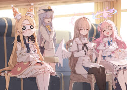 Rule 34 | 4girls, ^ ^, absurdres, bird, black pantyhose, blonde hair, blue archive, blush, brown hair, capelet, closed eyes, covered eyes, cup, detached sleeves, dress, ear covers, eye mask, feathered wings, feet out of frame, hair bun, halo, highlander railway academy student (blue archive), highres, holding, holding cup, holding saucer, kokukyukeo, lap blanket, long hair, mika (blue archive), multiple girls, nagisa (blue archive), nose bubble, pantyhose, pink hair, saucer, seia (blue archive), single side bun, sitting, sleeping, sleeves past fingers, sleeves past wrists, smile, straight hair, tea party, train interior, very long hair, white capelet, white dress, white pantyhose, white wings, wings