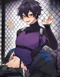 Rule 34 | 1boy, abs, androgynous, bishounen, black hair, black nails, blush, chain-link fence, clothes lift, commentary, ear piercing, earrings, elfboiii, english commentary, fence, hair between eyes, hand on own stomach, hand up, happy birthday, highres, indie virtual youtuber, jacket, jewelry, layered sleeves, lifted by self, long sleeves, looking at viewer, midriff, navel, pants, piercing, purple eyes, purple shirt, raised eyebrow, seductive smile, shirt, shirt lift, short hair, short over long sleeves, short sleeves, shoto (vtuber), sleeves past wrists, slit pupils, smile, solo, strap, sweatdrop, tongue piercing, tsurime, turtleneck, unworn jacket, unzipped