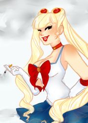 Rule 34 | 1girl, adapted costume, bishoujo senshi sailor moon, blonde hair, bow, breasts, choker, cigarette, cleavage, earrings, facial mark, forehead mark, gloves, hand on own hip, jewelry, lipstick, long hair, makeup, pathesisx, sailor moon, smile, smoking, solo, tsukino usagi, twintails, victory rolls, white gloves