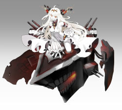 Rule 34 | 10s, 1girl, abyssal ship, armband, bare shoulders, claws, criin (659503), dark persona, detached sleeves, gradient background, hand on own hip, headwear request, kantai collection, kongou (kancolle), pale skin, red eyes, solo, white hair